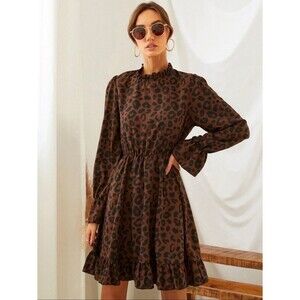 Women's Animal Print All Over Print Flounce Sleeve Ruffle Hem Dress Size M